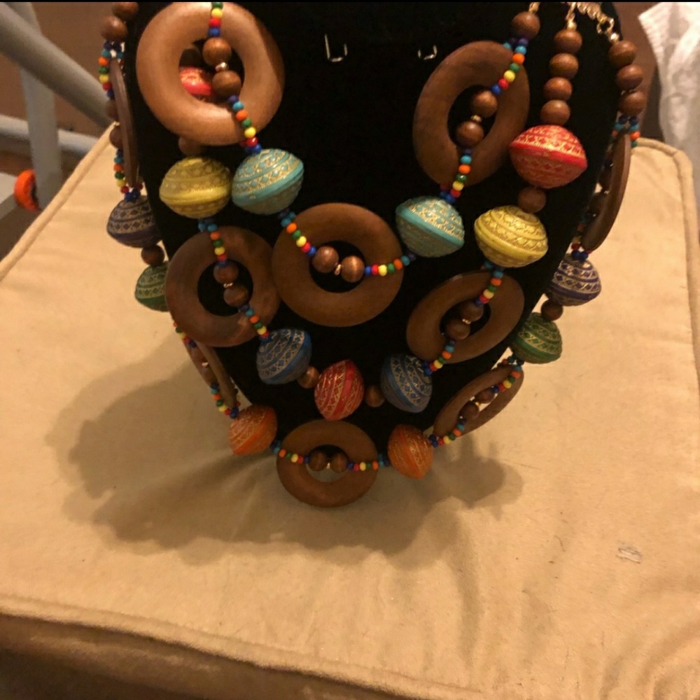 Stylish Wooden Multicolored Bead Necklace